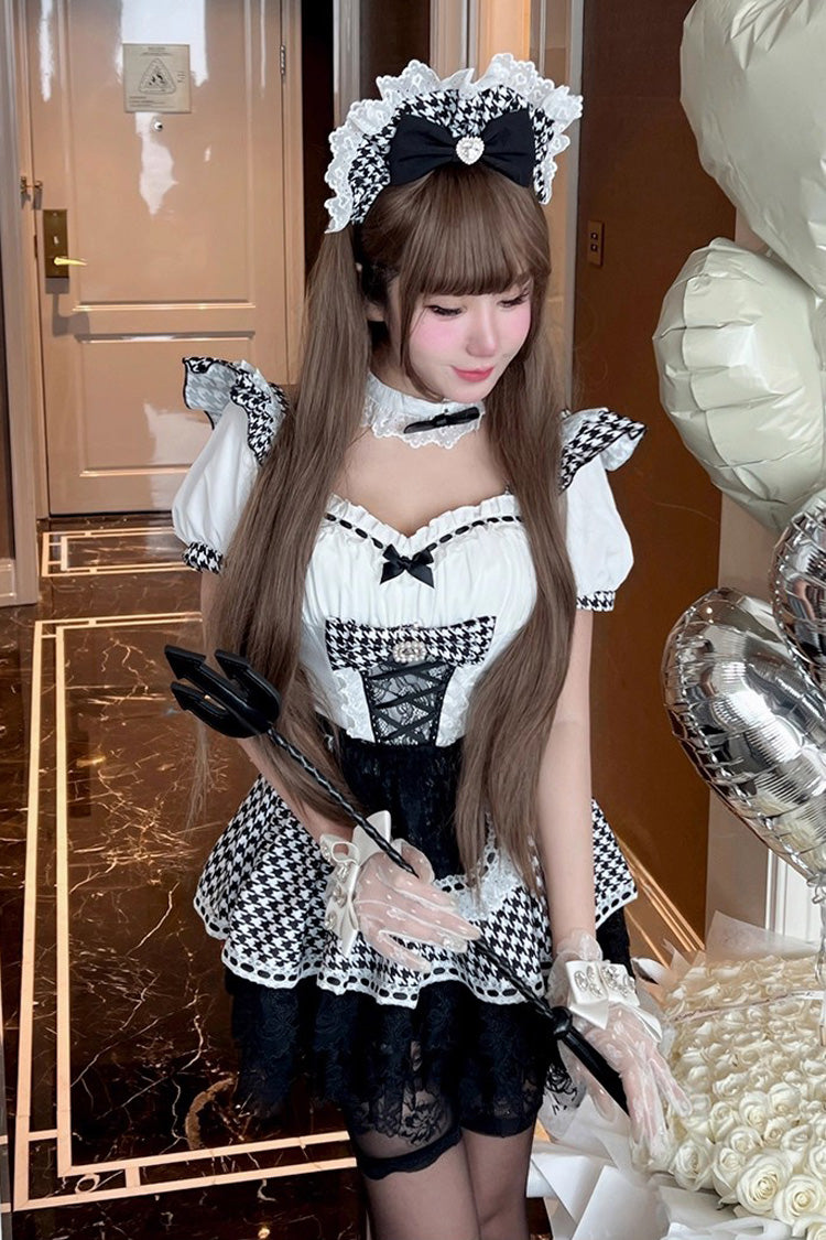 Black/White Square Collar Short Sleeve Print Ruffle Bow Maid Dress