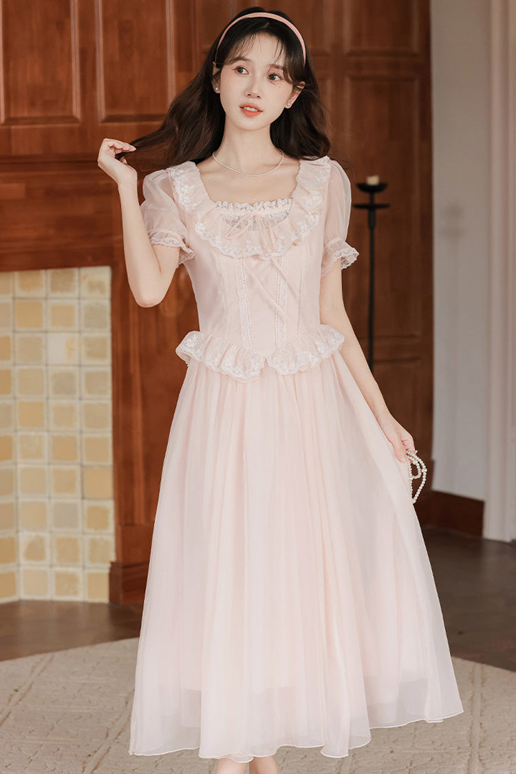 Blush Pink Square-Neck Puffed-Sleeve Embroidered Lace French Sweet Jumper Dress
