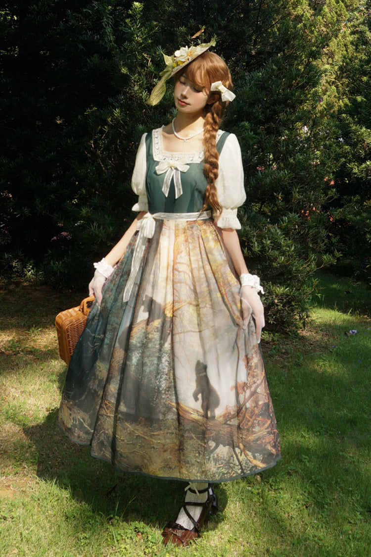 Oil Painting Square-Collar Lolita Dress with Tie-Dye Print