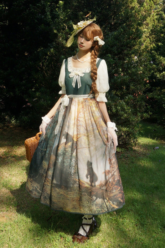 Oil Painting Square-Collar Lolita Dress with Tie-Dye Print