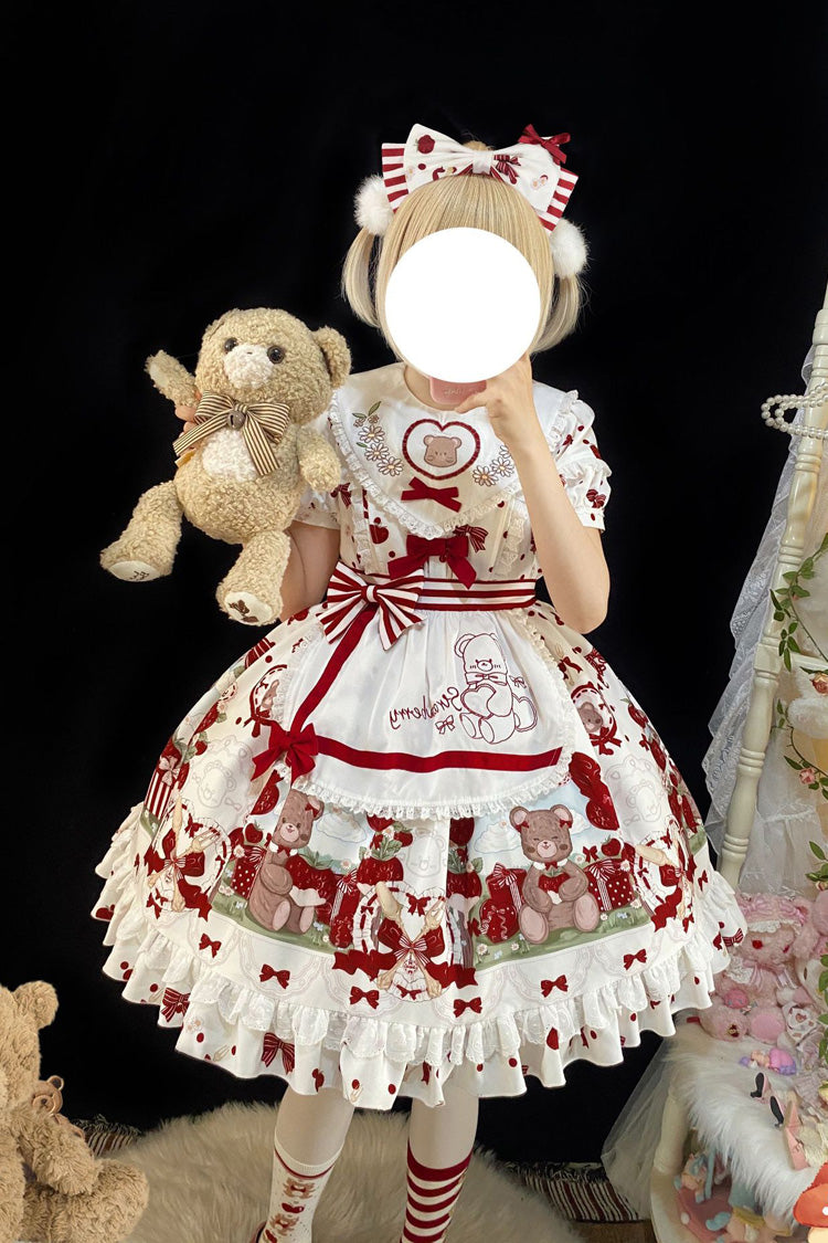 Red White Strawberry Bear Print Ruffle Bow Sweet Plus Lolita Dress