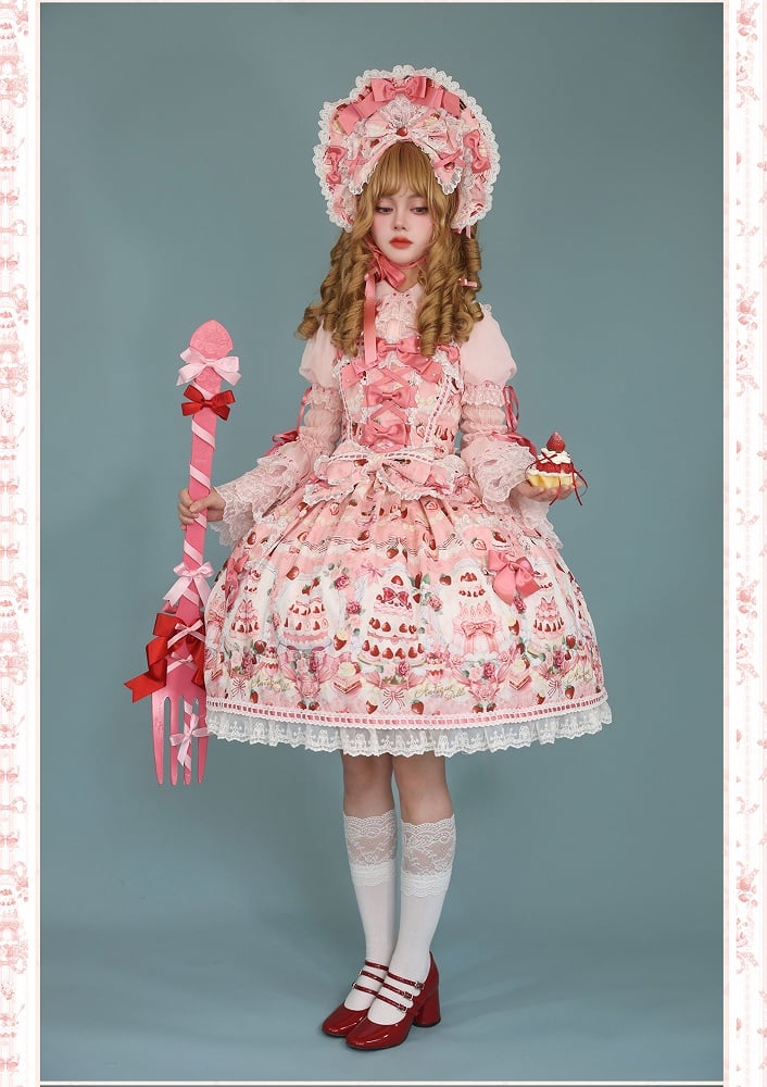 JSK Set Full Accents Print Pink Desserts Lolita Bow Sweet and / Strawberry