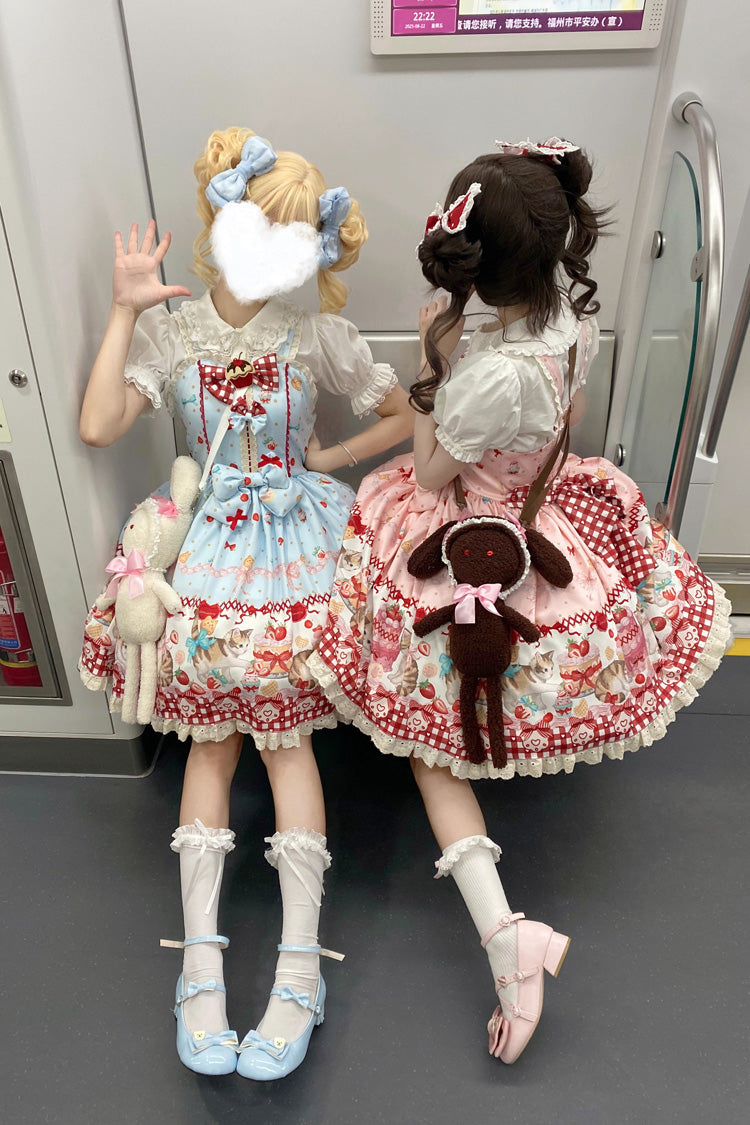 Sleeveless Bow Lace Sweet Lolita Strap Dress with Print - Strawberry Cake Kitty