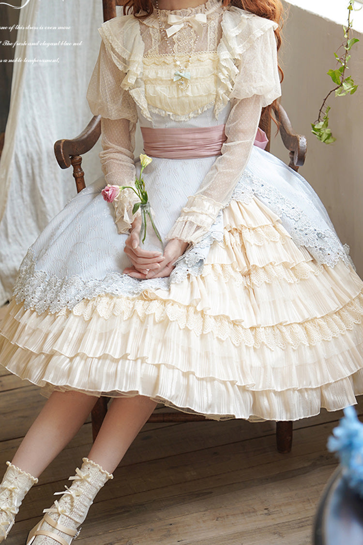 Multi-Color Cream Layers Asymmetric Sweet Lolita JSK Dress - Ruffled Cardigan