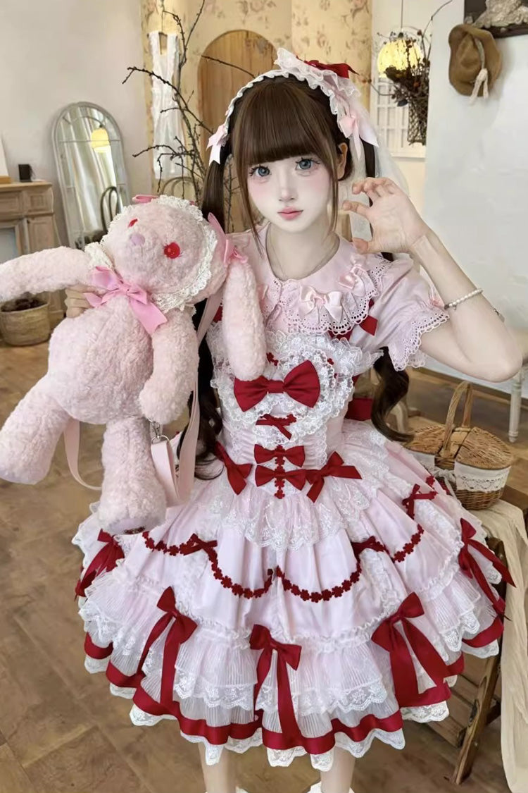 Red Pink Scarlet Heart Cocoa Sleeveless Triple-Layered Ruffle Embroidery Lace Sweet Lolita Jsk Dress