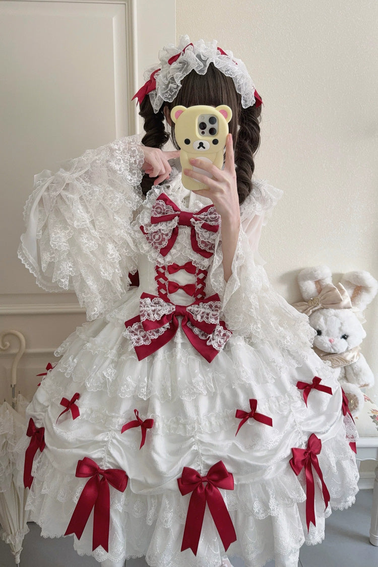 Ivory and Red Silk Gift Box Square Neck Sleeveless Layered Ruffled Bow Lace Sweet Lolita JSK
