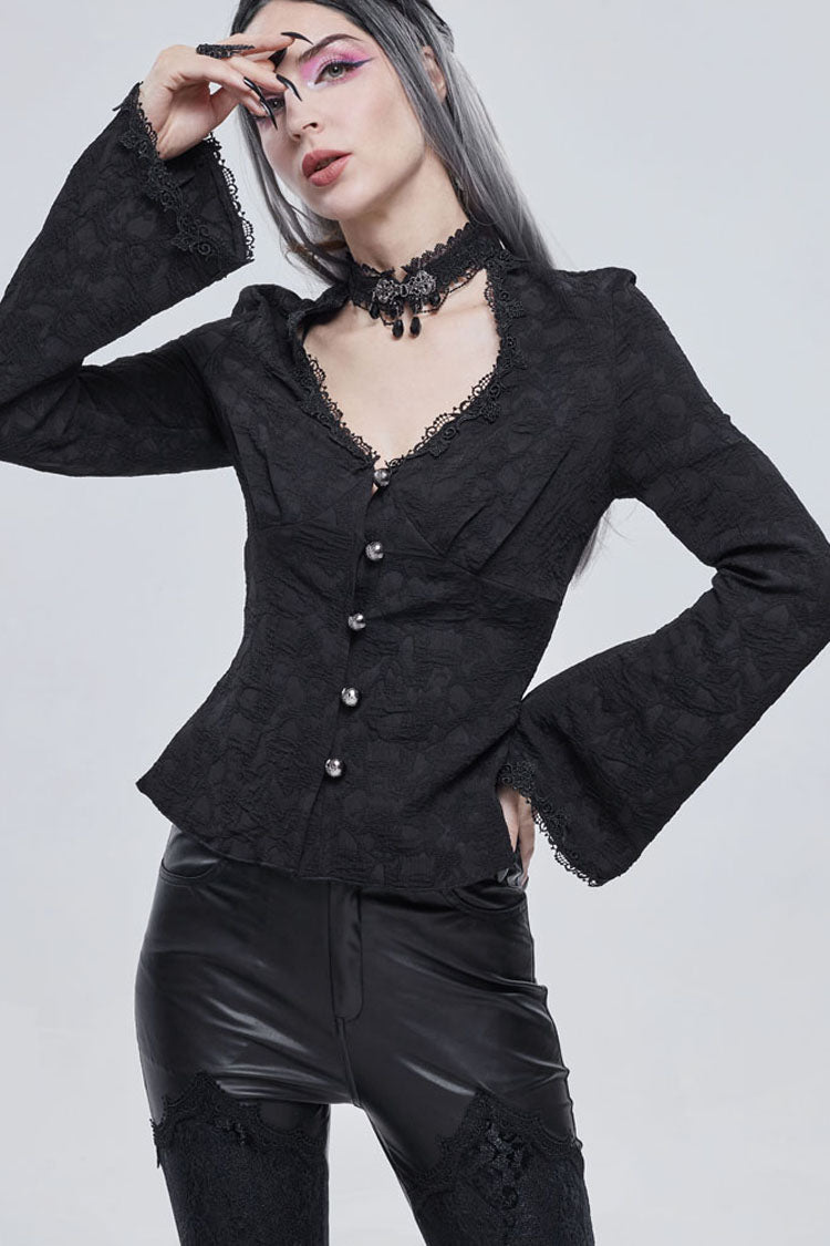 Gothic Shirt with V-Neck, Metal Buttons, Lace Jacquard, Frenulum Sleeves