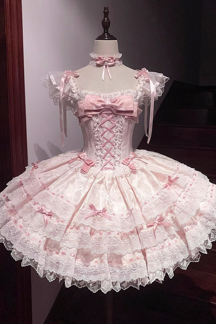 Pink Sleeveless Ruffled Bow Lace-Up Sweet Elegant JSK - Flora Isle Butterfly