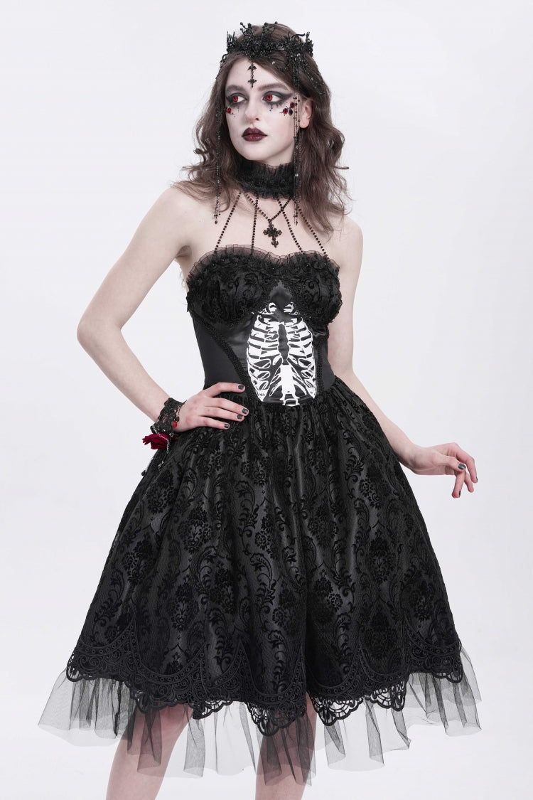 Unique Black Skeleton Print Embroidered Lace Stitching Halter Gothic Gown