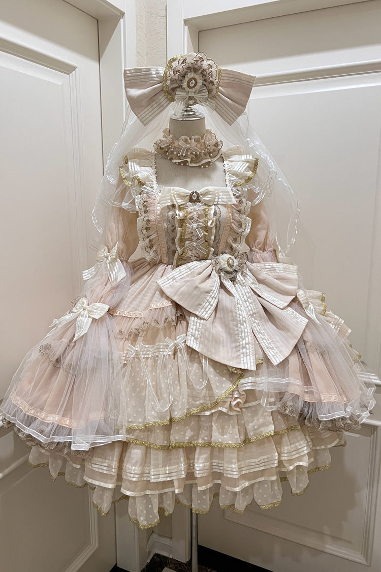 Gorgeous Apricot Trumpet Sleeve Layered Ruffle Bow Lace Lolita Dress Set