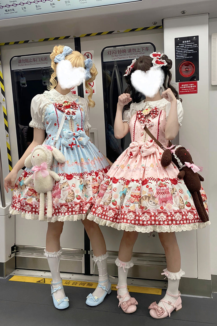 Sleeveless Bow Lace Sweet Lolita Strap Dress with Print - Strawberry Cake Kitty