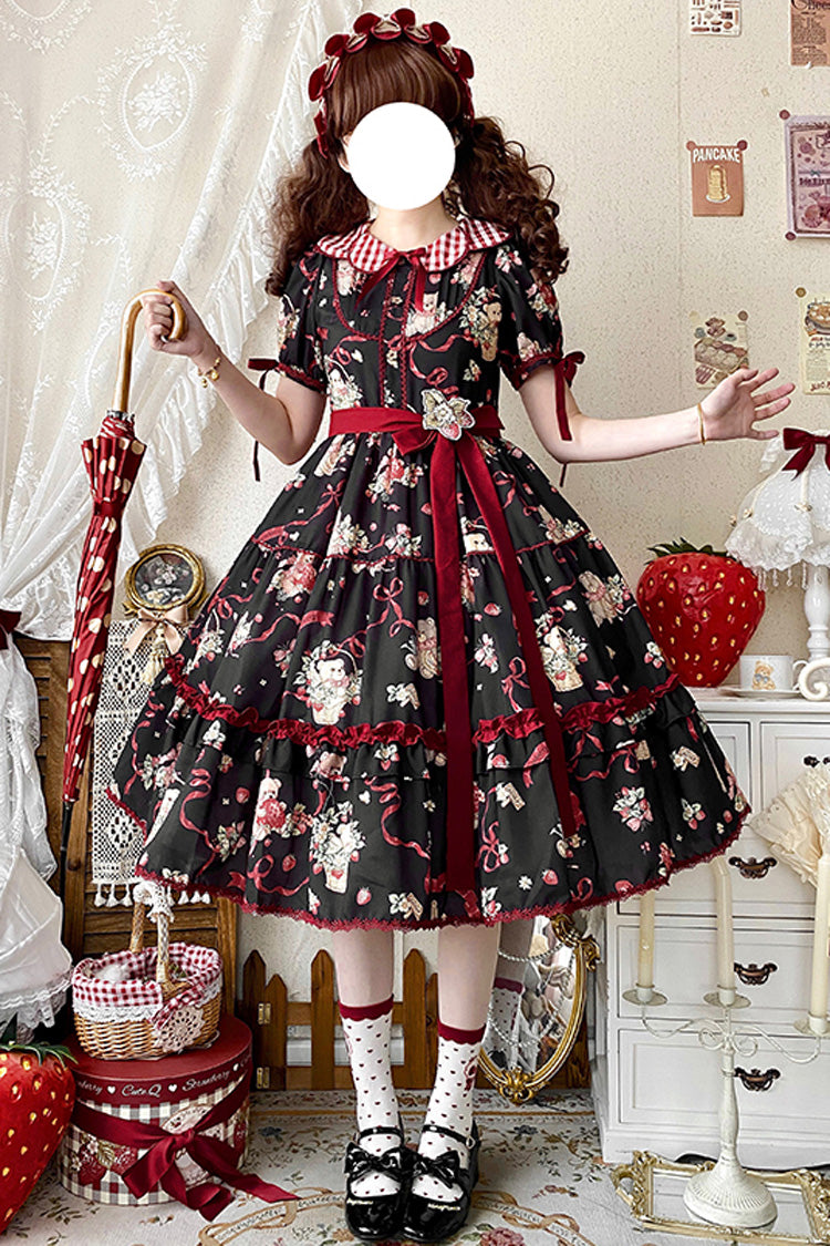 Bear Strawberry Garden Collar Short Sleeve Print Bow Sweet Lolita Dress
