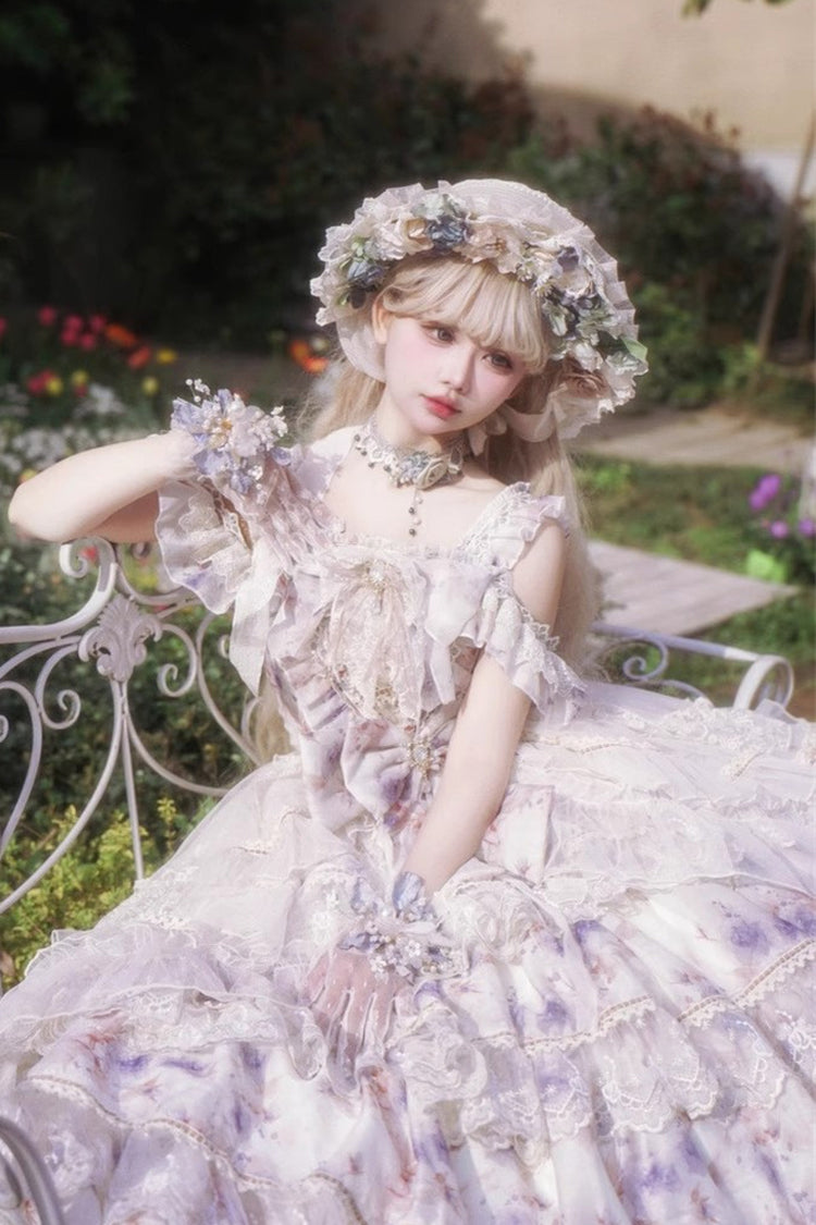 Rose Letter Off Shoulder Triple-Layered Print Ruffle Hanayome Princess Lolita Dress in Blue
