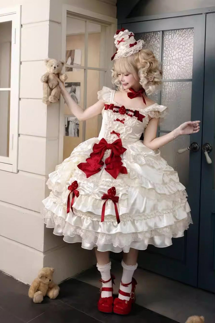 Sweet Apricot Square Collar Sleeveless Layered Ruffle Embroidered Bow Lolita JSK