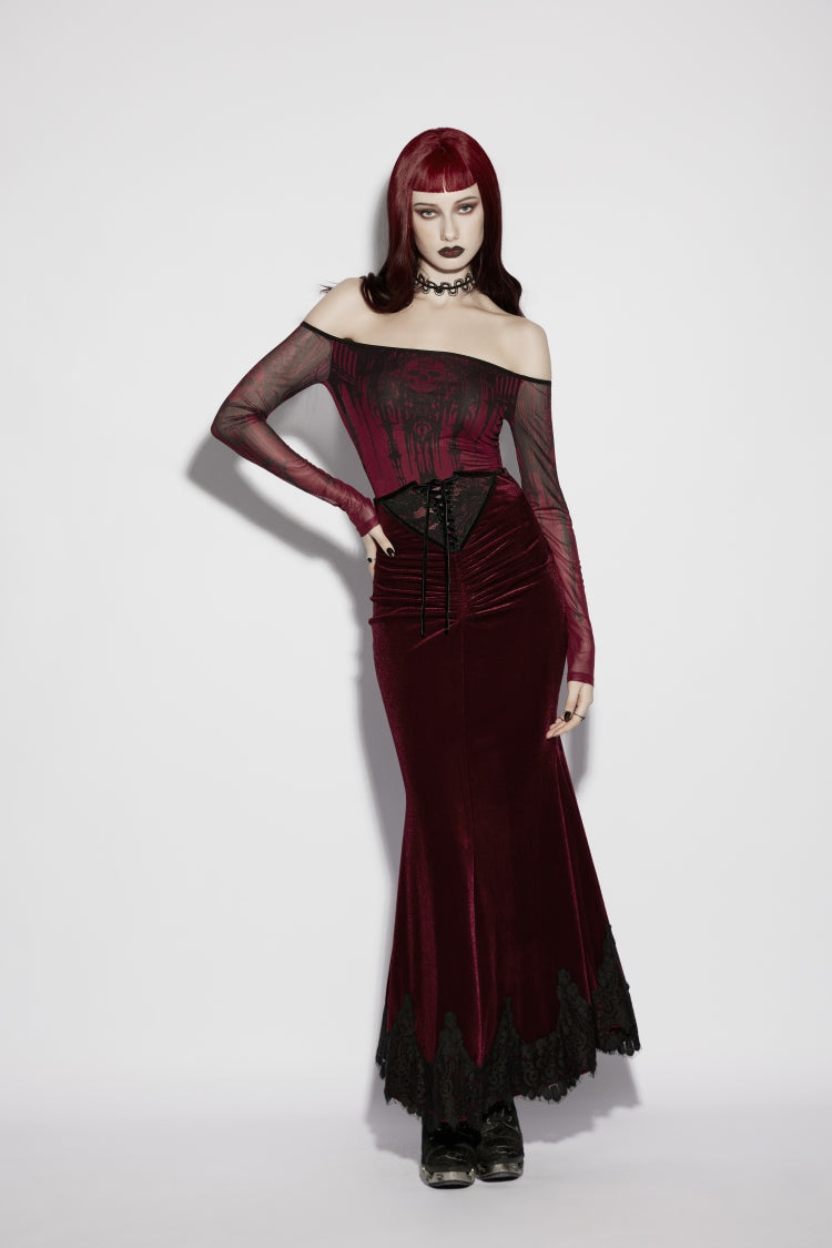 Scarlet Lace Velvet Pleated Gothic Mermaid Skirt