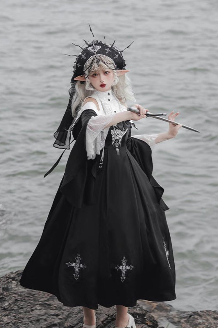 Onyx Stand Collar Off-Shoulder Printed Bow Gown - Cross Nun