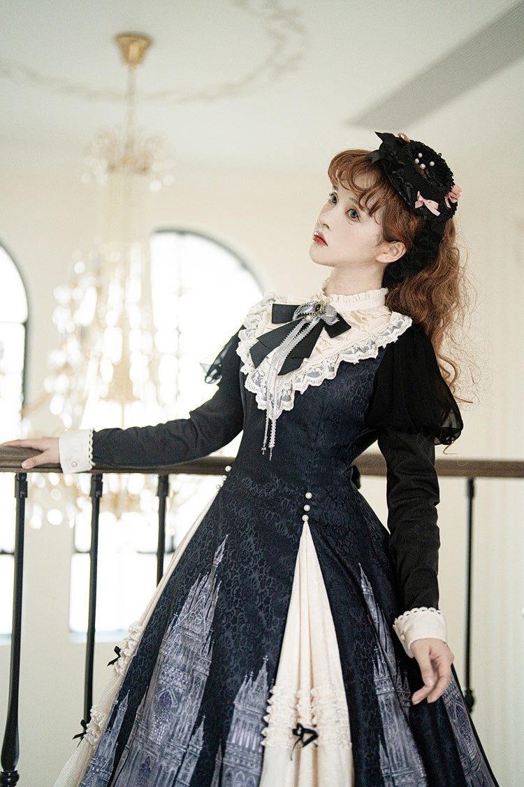 Black & White Church Bells Printed Ruffled Cardigan Bow Elegant Gothic Lolita Dress