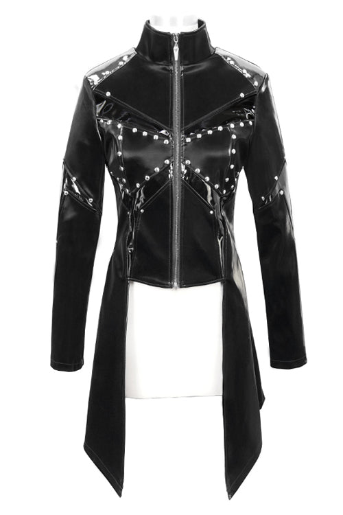 Long Leather Punk Coat with Zipper and Rivet Shine