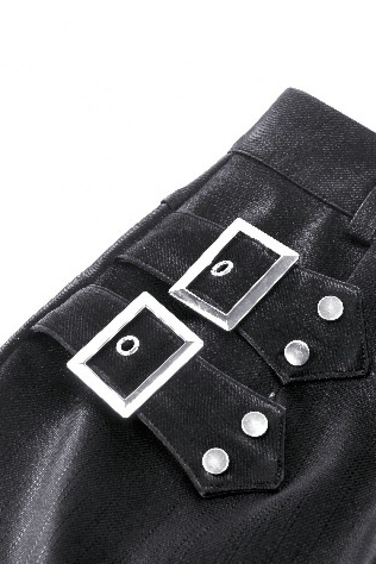 Coal Leather Skirt with Buckle Accents and Side Slit