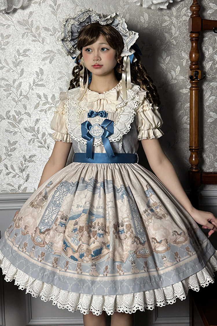 Fairy Tale Sleeveless Ruffle Bow JSK Dress with Print - Two Tones