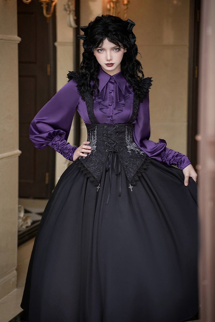 Black Night of Thorns Sleeveless Embroidered Lace-Up Gothic Strap Support Dress