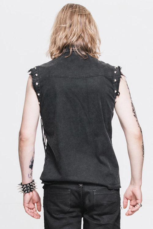 Sleeveless Punk Blouse with Frayed Hem for Men in Black
