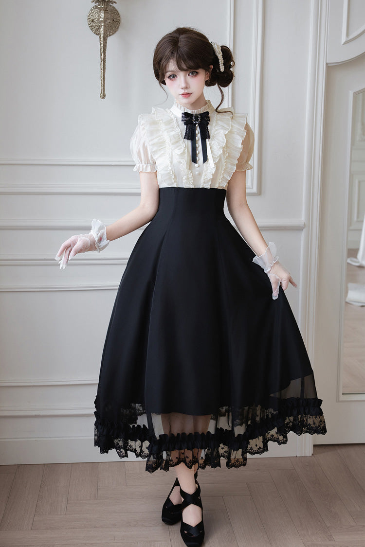 Miss Lola Snow Kiss Stand Collar Short Puff Sleeves Ruffled Color-Blocked Faux Two-Piece Sweet Lolita Long Dress 3 Colors - Black