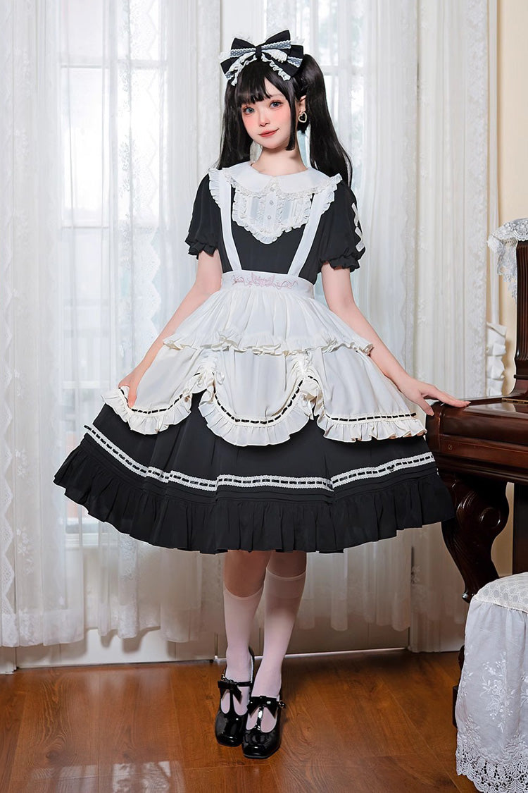 Black Lapel Collar Short Sleeves Ruffle Bowknot Gothic Lolita Maid Dress