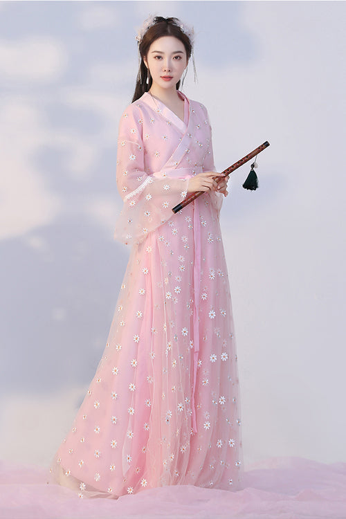 Blush Sunflower Embroidered Flared Sleeves Sweet Hanfu Gown