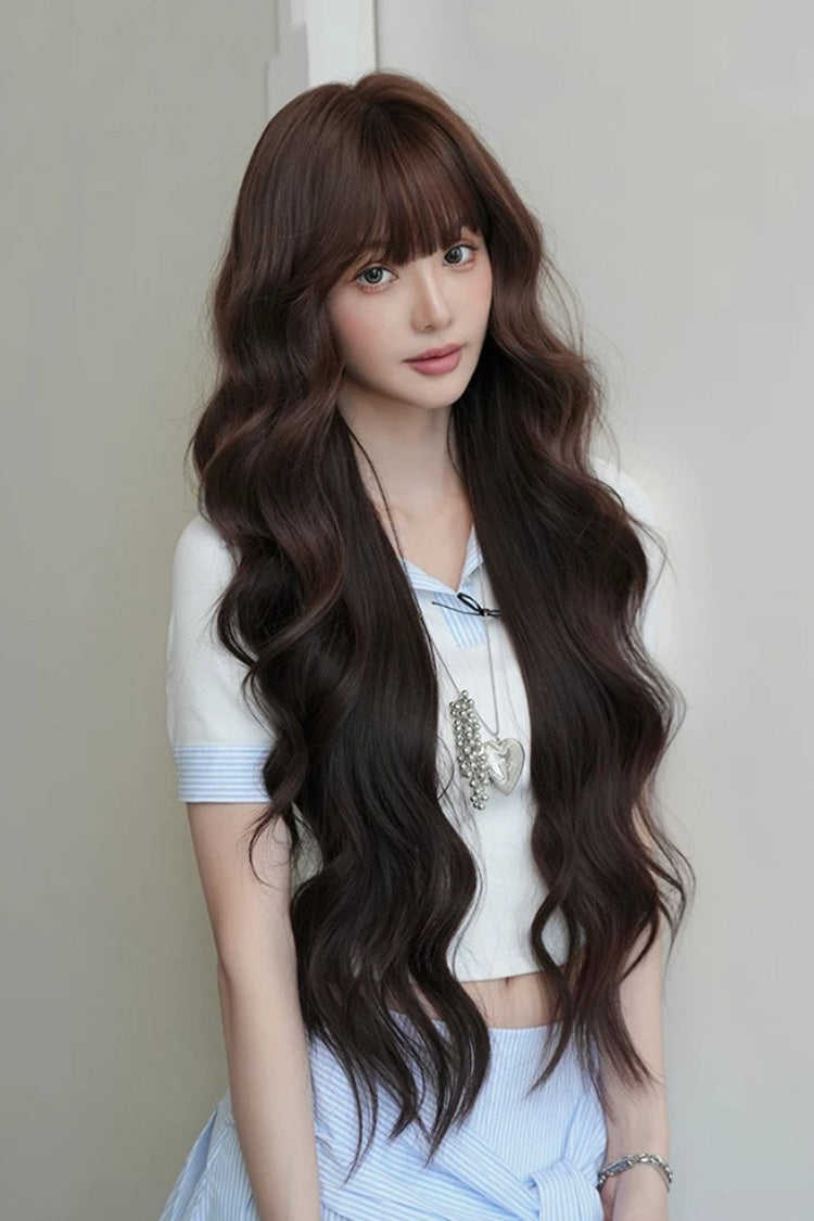 Chestnut Brown Ombre Long Wavy Wig with Air Bangs