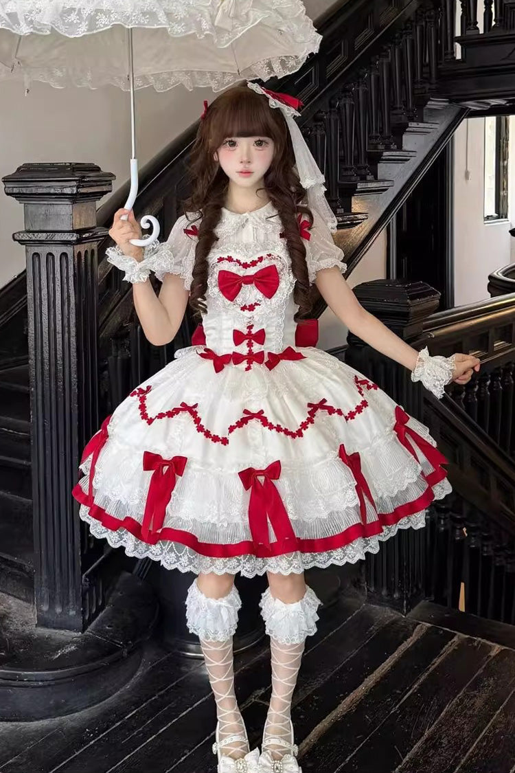 Red White Scarlet Heart Cocoa Sleeveless Triple-Layered Ruffle Embroidery Lace Sweet Lolita Jsk Dress