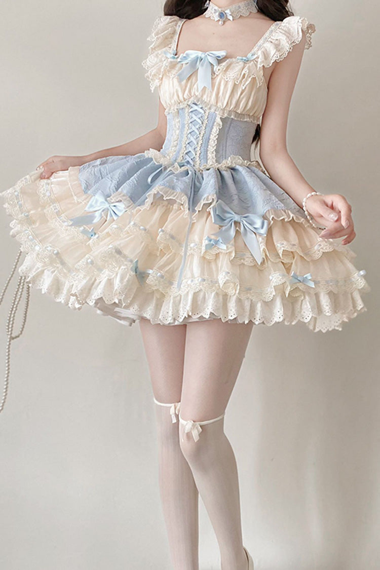 Blue Double-Layered Ruffled Bow Lace-Up Sweet Ballet JSK - Flory Butterfly