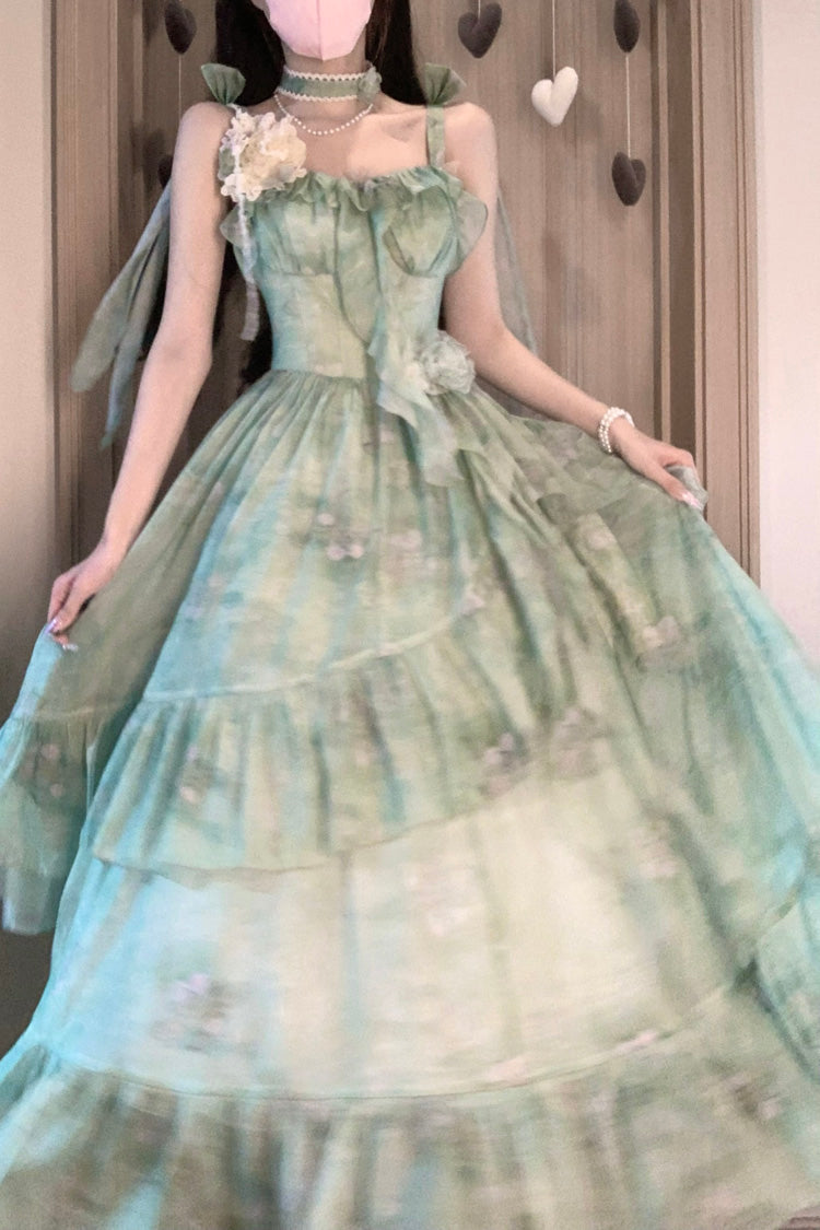 Green Sweet Lolita JSK Long Dress with Print and Ruffle Bowknot Style
