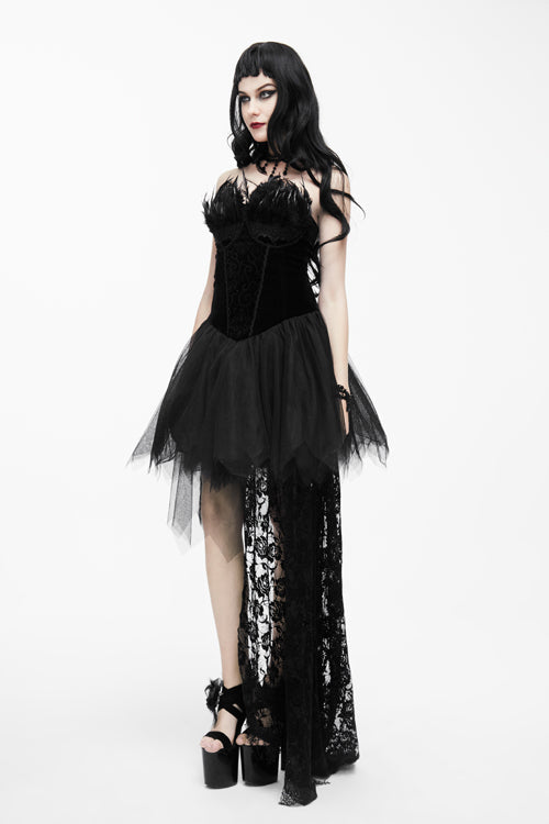Gothic Wedding Gown with Feathers, Strapless Velveteen, Rose Lace Train