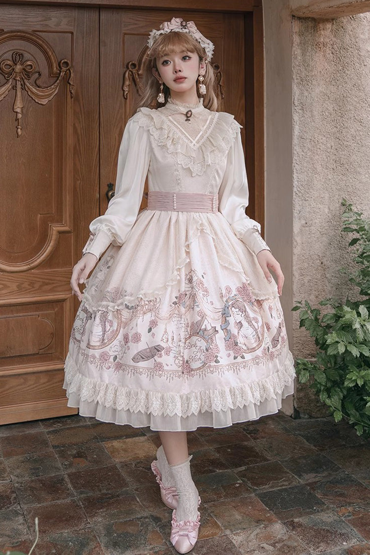 Apricot Rose Prologue Print Long Sleeve Ruffle Sweet Elegant Lolita Dress