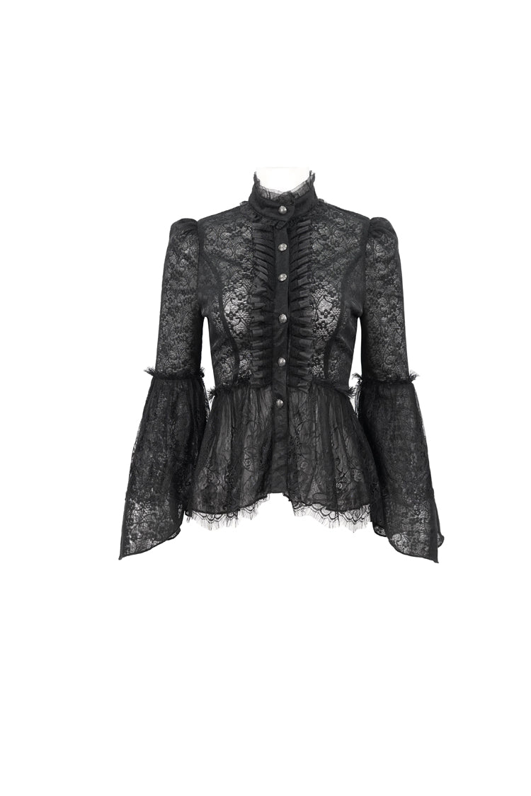Gothic Round-Neck Flared-Sleeve Black Lace Women's Elegant Blouse