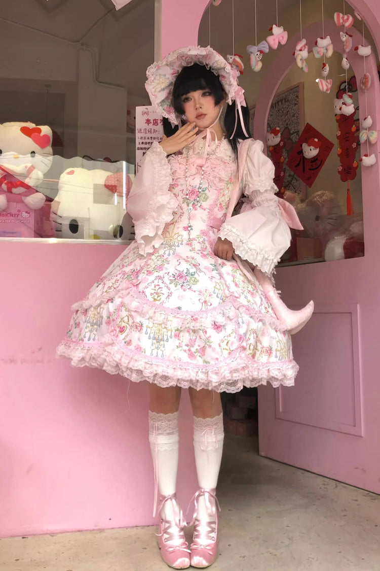 Ivory & Pink Sleeveless Floral Wall Print Lace Bow Sweet Lolita JSK Dress