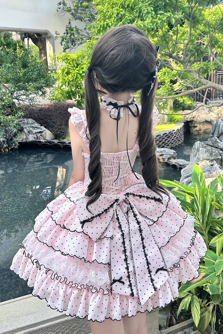 Pink Sleeveless Polka-Dot Multi-Layer Ruffle Bow Sweet Princess JSK Dress