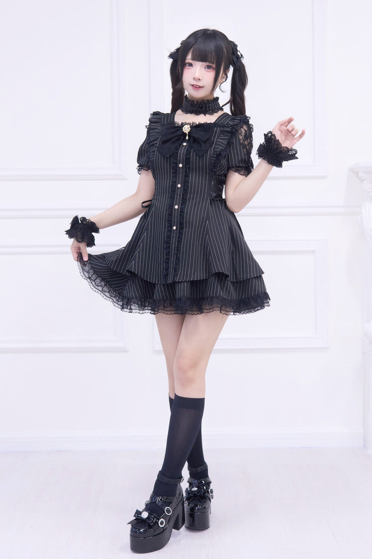 Waltz Stripe Bow Gothic Short-Sleeve Jirai Kei Dress Set - Black