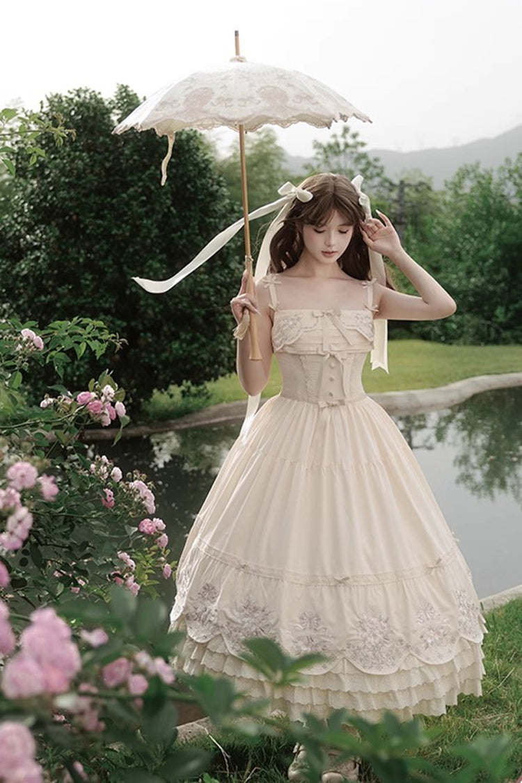 Apricot Princess Lolita JSK Dress with Triple-Layer Ruffles Embroidery Bowknot and Lace