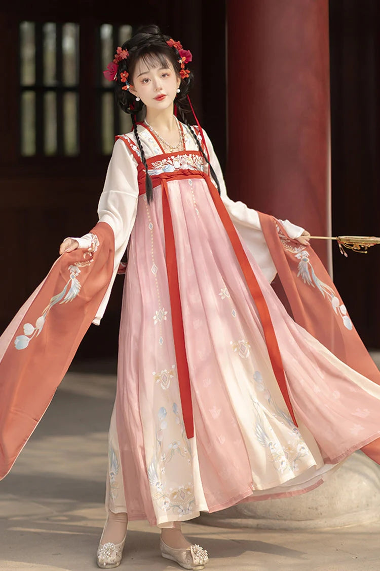 Blush Flared Sleeves High Waist Printed Embroidered Sweet Oriental Hanfu Complete Set