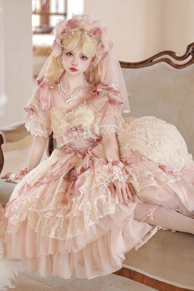 Diane Rose Pink Short Sleeves Multi-Layered Jacquard Ruffle Hanayome Cardigan Bowknot Lace Sweet Dress