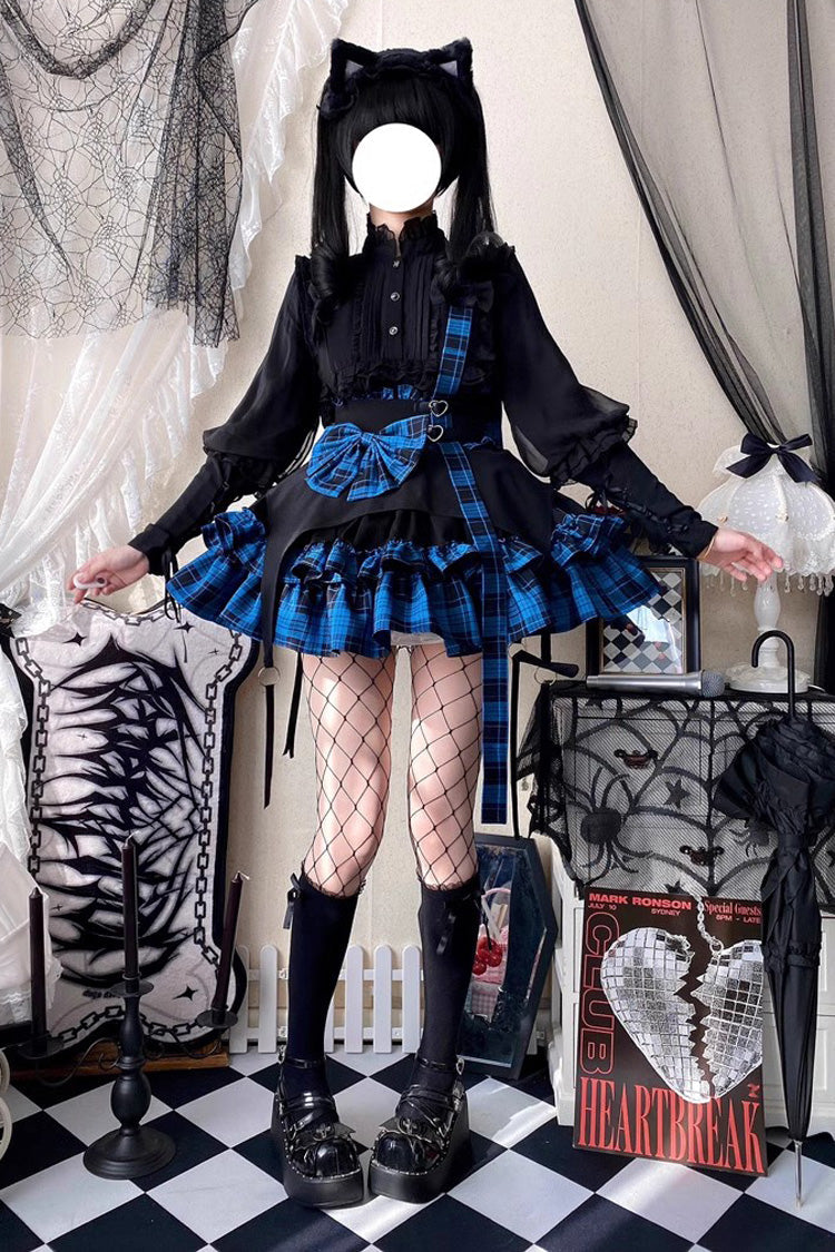 Plaid Print Lolita Skirt with Bowknot, Ruffles, Dark Girl Style