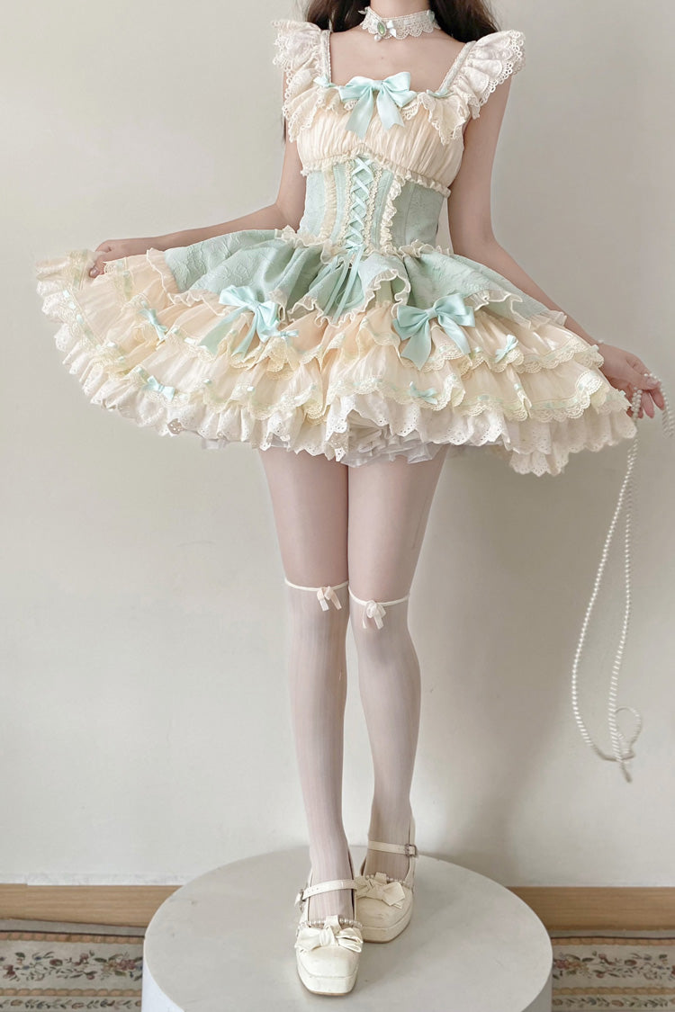 Double-Layered Ruffle Lace Bowknot Sweet Ballet Green Jsk Dress - Flory Butterfly