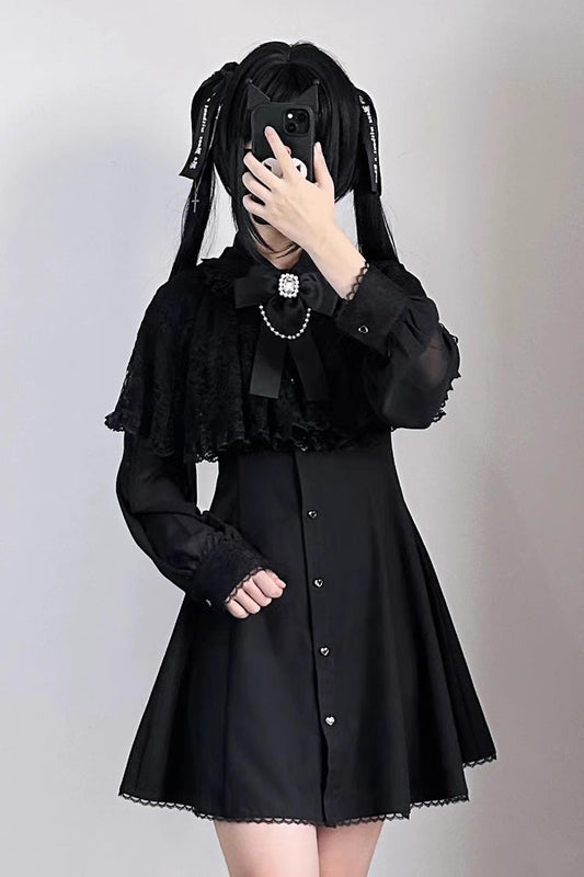 Slim Jirai Kei Dress with Shawl Collar and Lace