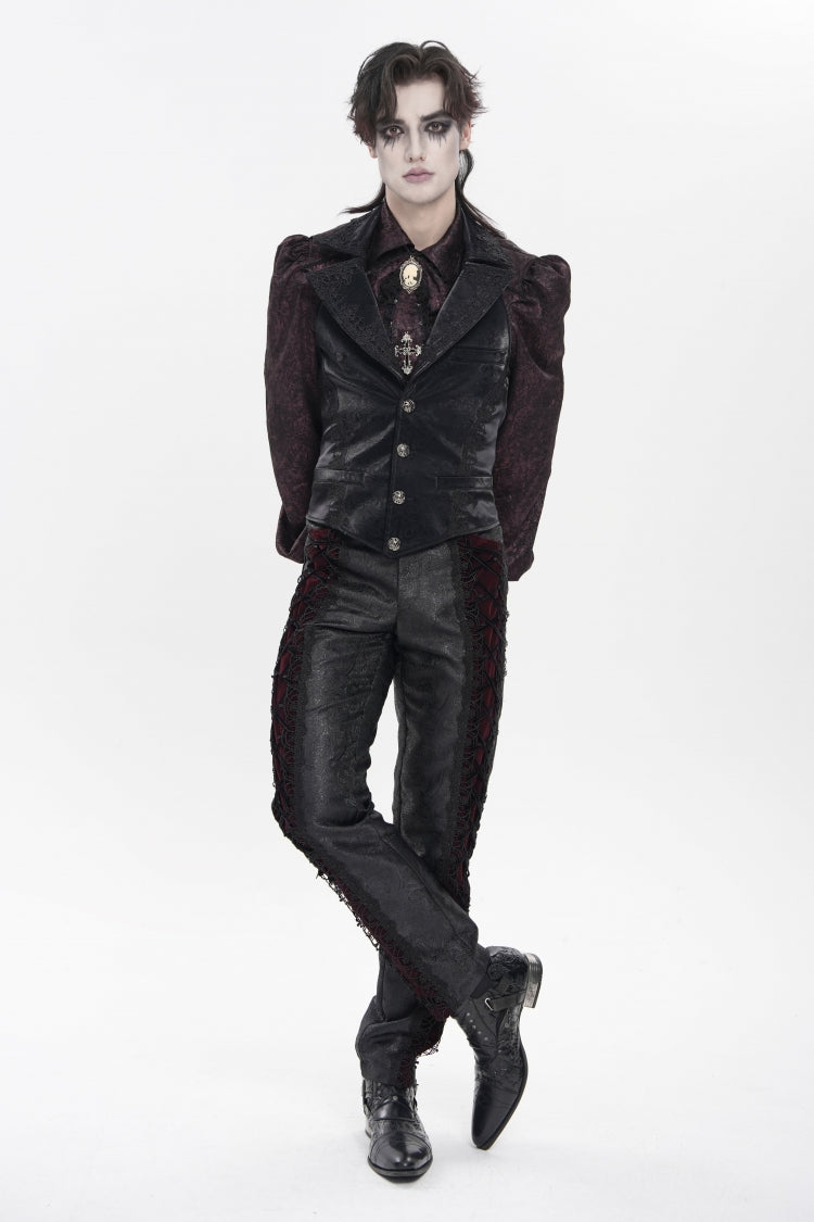 Crimson & Noir Jacquard Lace-Up Slim Velvet Palazzo Trousers for Men
