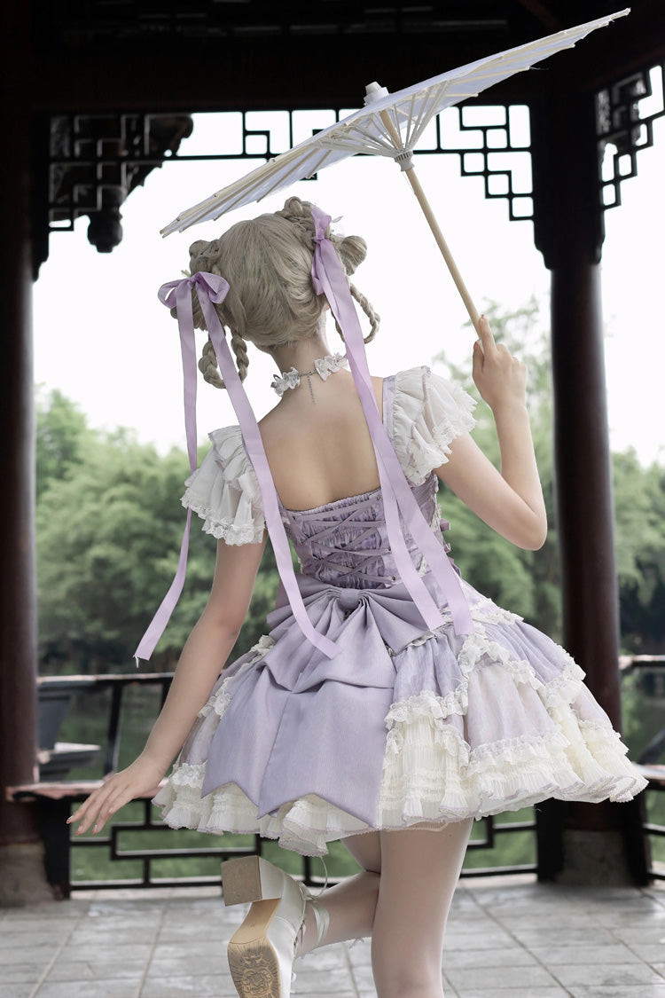 Floral Dream Violet Multi-Layered Ruffle Embroidery Lace-Up Ballet Lolita JSK - Floral Dream