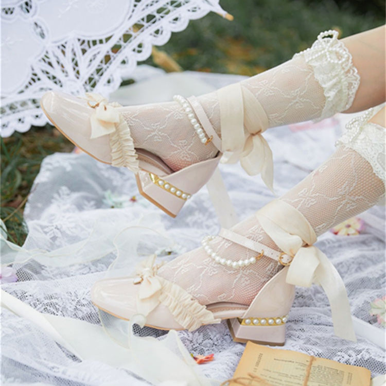 Sweet Lolita Footwear with Bow, Lace, and Pearl Accents in 4 Colors