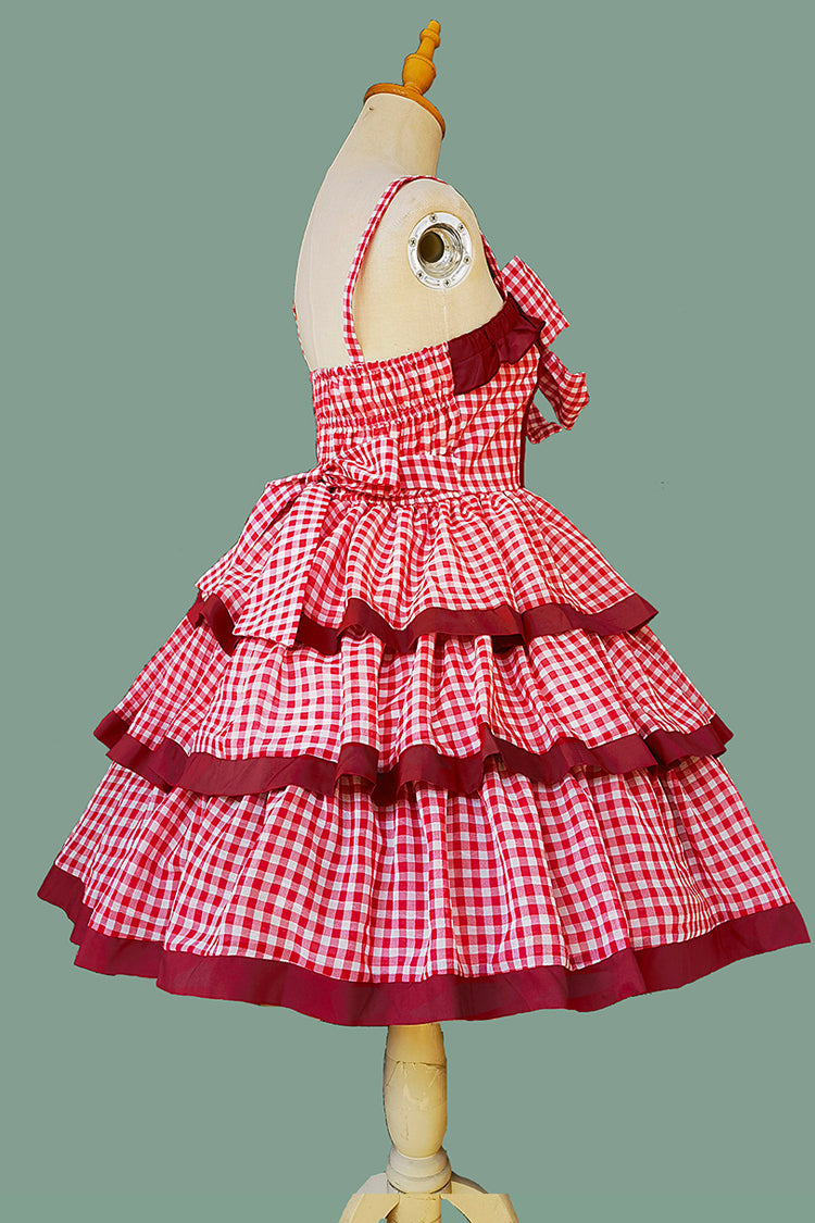 Red Triple-Layered Plaid Ruffle Bow Sweet Lolita Dress