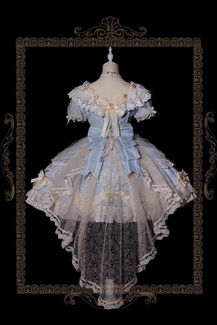 Light Blue Short Sleeve Layered Lace Sweet Dress - Girls' Day